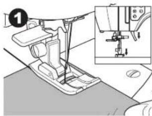 Technical diagram of a sewing machine with labeled parts and an inset view showing the mechanism.