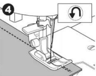 Diagram of a sewing machine with labeled parts and directional arrow indicator