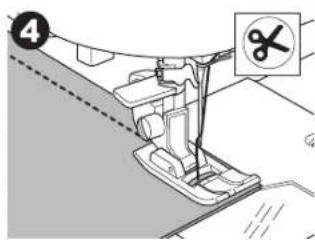 Diagram of a sewing machine with a cutting tool and a magnified inset showing the blade.