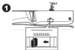 Diagram showing a sewing machine with a close-up of the base panel indicating fabric or material movement.