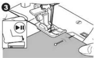 Diagram showing sewing machine operation with labeled parts and directional arrows indicating motion