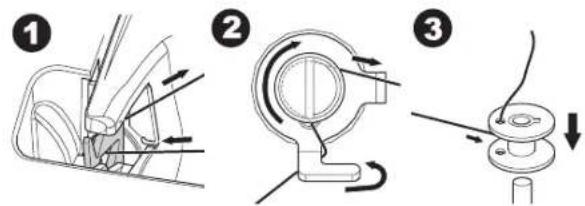 Technical diagram showing three-step assembly steps of a mechanical component with directional arrows indicating motion.