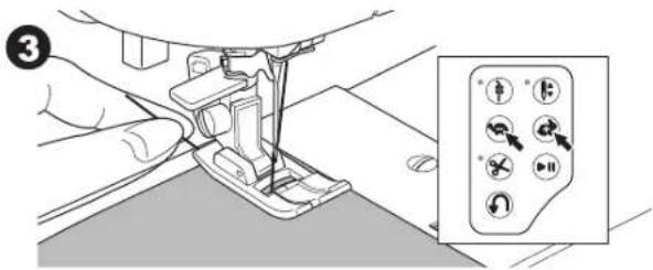 Diagram showing hands using a sewing machine to adjust a component, with an inset of a control panel displaying icons for switch, press, and rotation.
