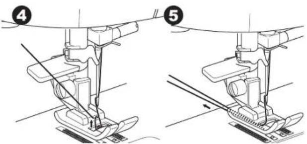 Technical diagram showing two sewing machine steps labeled 4 and 5, with a diagonal line indicating measurement or alignment.