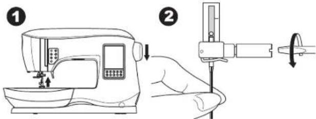 Diagram showing a sewing machine with labeled steps ① and ②, illustrating the process of sewing or sewing tooling.