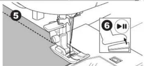 Diagram showing sewing machine operation with numbered steps and playback buttons