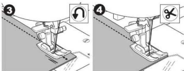 Technical diagram showing sewing process steps with numbered instructions and directional arrows
