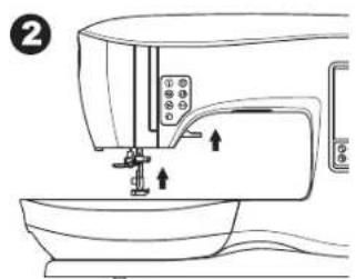 Diagram of a sewing machine with labeled parts and directional arrows indicating motion or assembly.