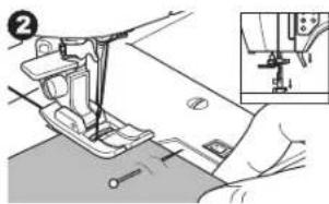 Technical diagram showing sewing machine stitching with labeled parts and an inset view of the component