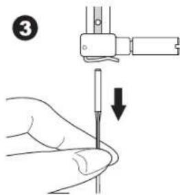 Diagram showing a hand holding a needle with a tool, labeled with number 3 and an arrow indicating downward motion.