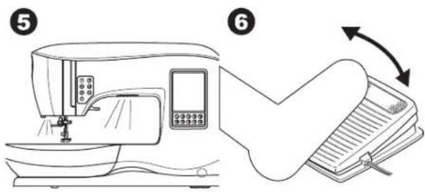 Diagram illustrating the process of sewing machine operation, showing step 5 before and after assembly with a close-up of the file.