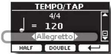 Dexibell VIVO H10MG - Dans la même page d'affichage, vous pouvez régler le tempo à l'aide de l'indication Tempo. L'indication du tempo est généralement écrite au début de la partition. Utilisez les boutons [▲] [▼] pour sélectionner l'indication de tempo et utilisez les boutons [◀] [▶] pour sélectionner un tempo prédéfini. - 1
