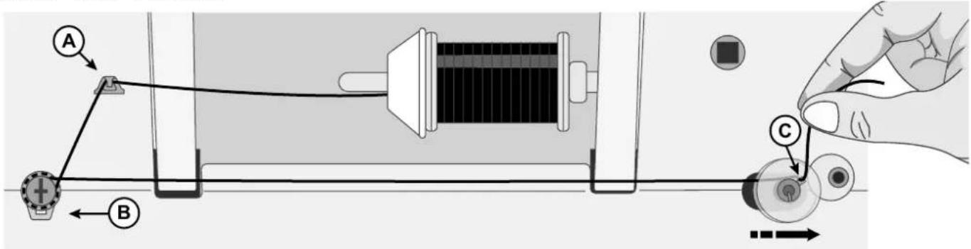 Technical diagram showing a mechanical assembly with labeled components A, B, and C, including a hand holding a component.