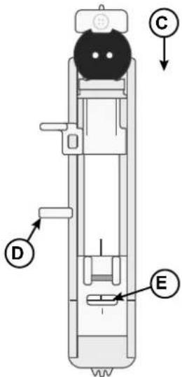 Technical diagram of a vertical mechanical device with labeled components A, B, C, D, and E