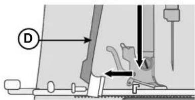 Technical diagram showing mechanical assembly with labeled component D and directional arrows indicating movement or force