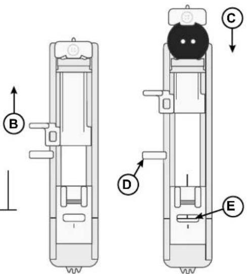 Technical diagram of a mechanical device with labeled components A, B, C, D, and E
