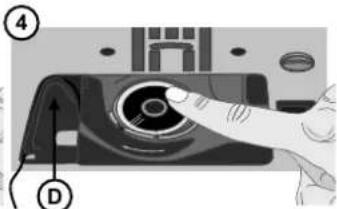 Diagram showing a hand pressing down on a device with labeled parts and directional arrows