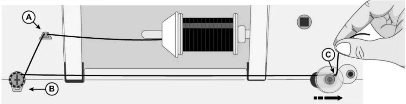 Technical diagram showing a mechanical assembly with labeled components A, B, and C, including directional arrows and a hand holding a component.