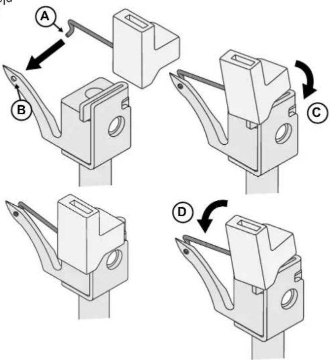Technical diagram showing four steps of a mechanical clamp or bracket assembly with labeled components A, B, C, and D.