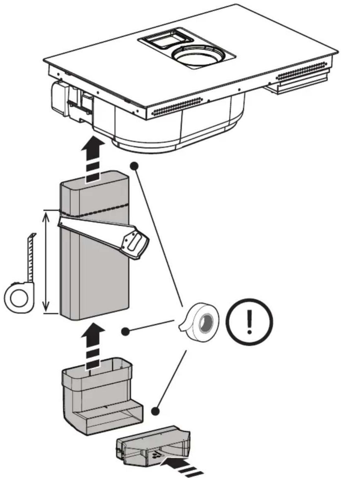 Technical diagram illustrating the assembly of a refrigerator with labeled parts and directional arrows indicating movement or assembly.