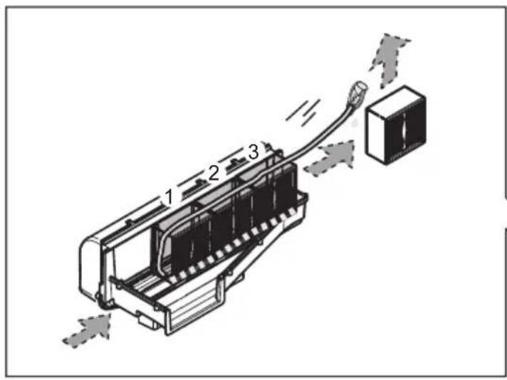 Diagram of a mechanical device with labeled components and airflow direction, showing internal structure and connection points.