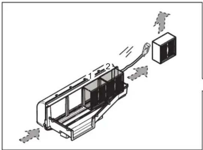 Diagram of a vehicle battery pack with labeled components and airflow direction arrows