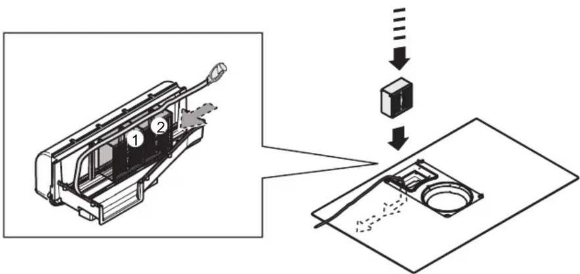 Diagram showing a device interior with labeled parts and a 3D box, illustrating a process or assembly.
