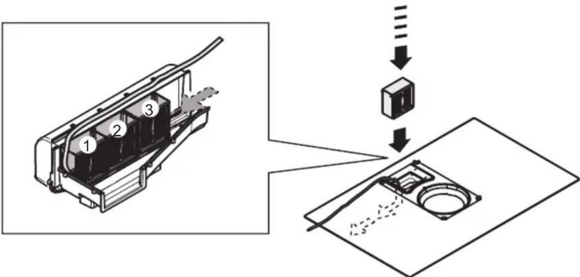 Diagram showing a device internal structure with numbered components and a close-up of its component, likely illustrating a mechanical or electrical assembly.