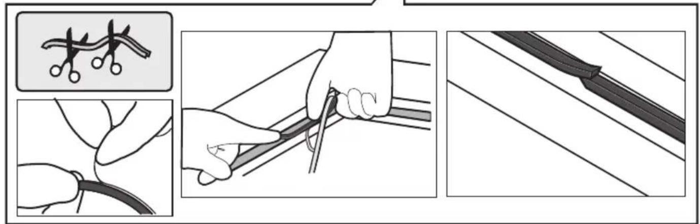 Illustration showing three steps of hairpin application: cutting, holding a clip, and applying a black strip to a surface.
