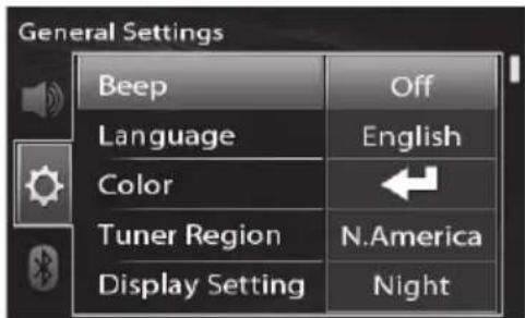 General Settings Beep Off Language English Color Tuner Region N.America Display Setting Night