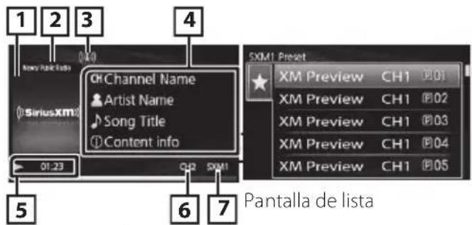 1 2 3 4 New York Times Channel Name Artist Name Song Title ① Content info 01:23 02 5 6 7 Pantalla de lista SXM1 Preset XM Preview CH1 0.01 XM Preview CH1 0.02 XM Preview CH1 0.03 XM Preview CH1 0.04 XM Preview CH1 0.05