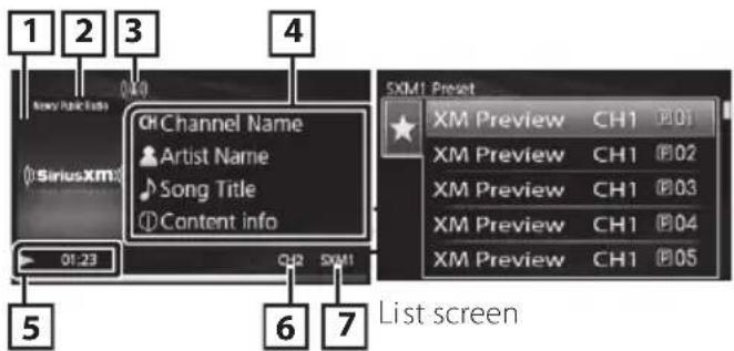 1 2 3 4 SiriusXM Channel Name Artist Name Song Title Content info 01:23 02 5 6 7 List screen SXM1 Preset XM Preview CH1 0.01 XM Preview CH1 0.02 XM Preview CH1 0.03 XM Preview CH1 0.04 XM Preview CH1 0.05