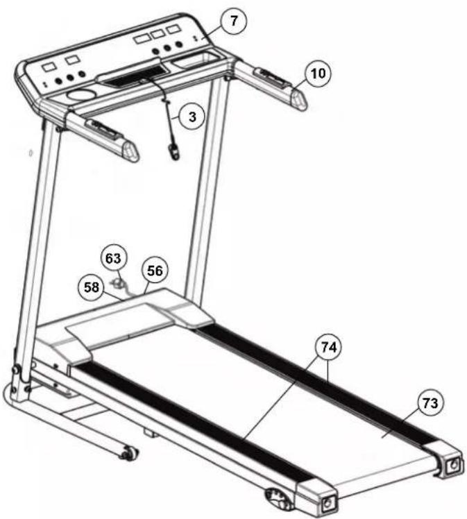 Technical diagram of a treadmill with numbered parts for identification