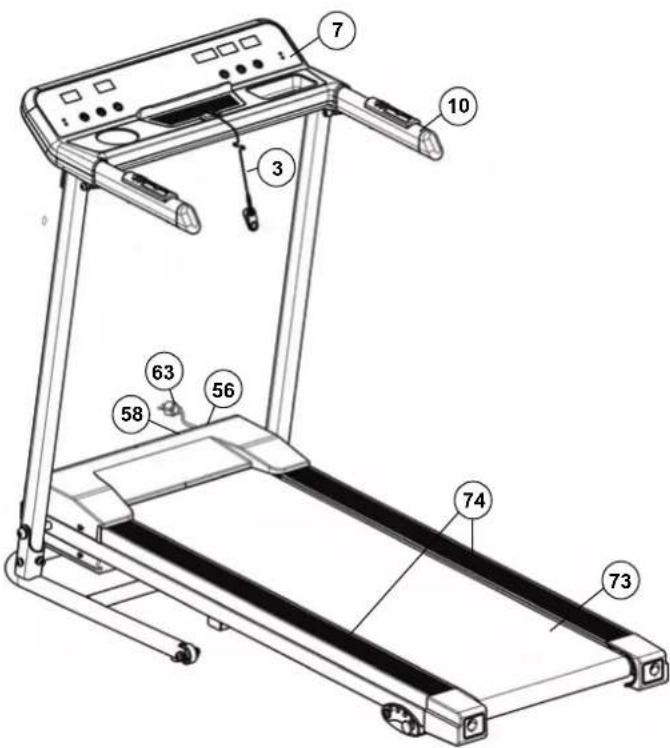 Technical diagram of a treadmill with numbered parts for identification