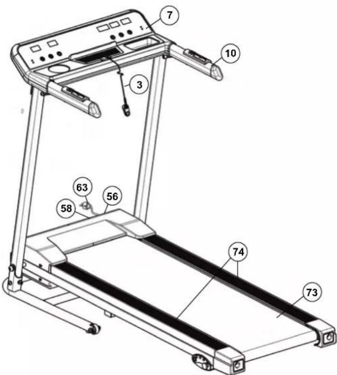 Technical diagram of a treadmill with numbered parts for identification