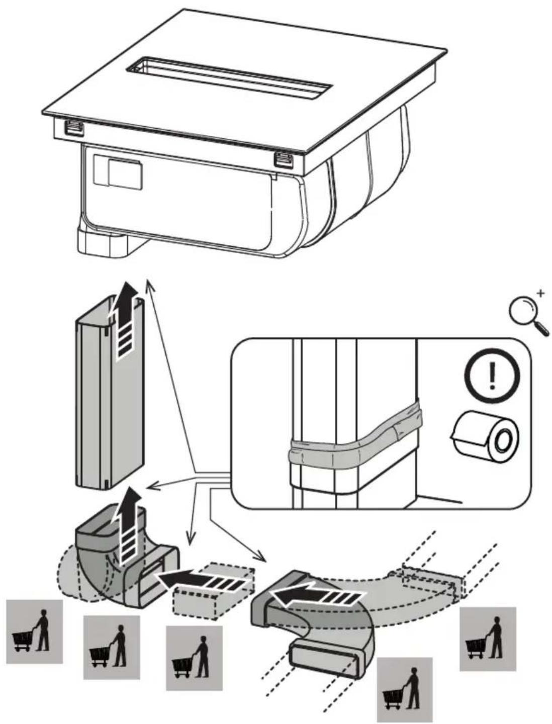 Diagram illustrating the process of a printer's internal structure and packaging, with labeled components and warning indicators.