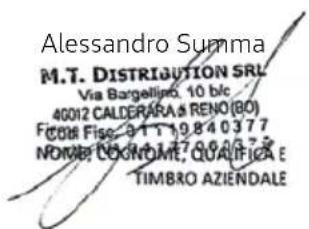 Alessandro Summa M.T. DISTRIBUTION SRL Via Bargellino, 10 b/c 40012 CALDERARA RENO (BO) FICOIE Fiso: 3 1 19840377 NOMEZ CINOMI, 147 06 03 7 TIMBRO AZIENDALE