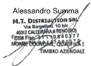 Alessandro Summa M.T. DISTRIBUTION SRL Via Bargellino, 10 blc. 40012 CALDERARA RENO (BO) FICO# Fiso, 31:19840377 NOME COGNOME, 147-06-07- TIMBRO AZIENDALE