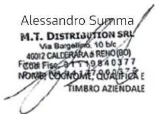 Alessandro Summa M.T. DISTRIBUTION SRL Via Bargellino, 10 blc. 40012 CALDERARA & RENO (BO) FICOI Fiso, 311:19840377 NOMEZ ECONOME, 147:06:377 TIMBRO AZIENDALE