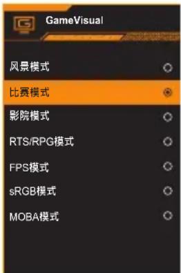 GameVisual 风景模式 比赛模式 影院模式 RTS/RPG模式 FPS模式 sRGB模式 MOBA模式