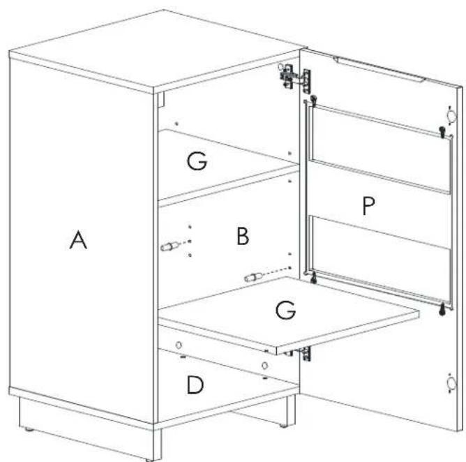 Nexera 102337 - Use the 8 pins # 1110 to install the 2 shelves G. Both shelves will lock in place Montez les 2 tablettes G sur les 8 supports à tablette # 1110. Les tablettes G se verrouillent en place - 1
