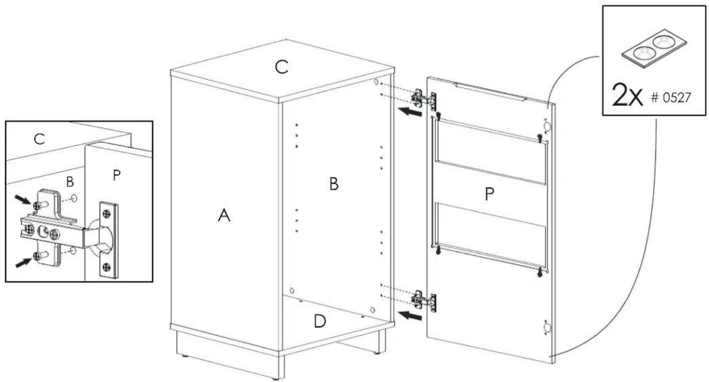 Nexera 102337 - Fasten the door P on the panel B. Then, install 2 bumpers # 0527 on door P Installez la porte P sur le panneau B. Installez ensuite 2 pare-chocs # 0527 sur la porte P - 1