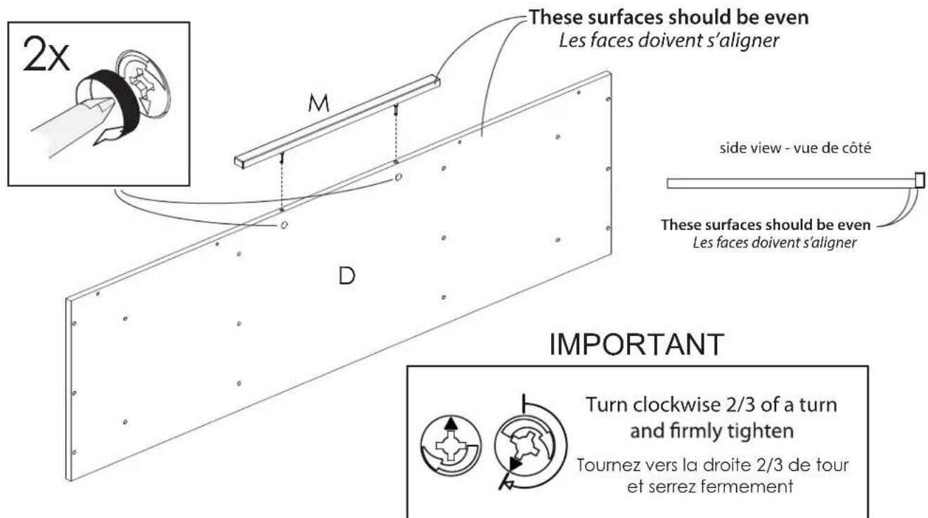 Nexera 102803 - Fasten the front moulding M on the panel D. Then, tighten the 2 cam locks # 0203 Installez la moulure frontale M sur le panneau D. Ensuite serrez les 2 exentriques # 0203 - 1