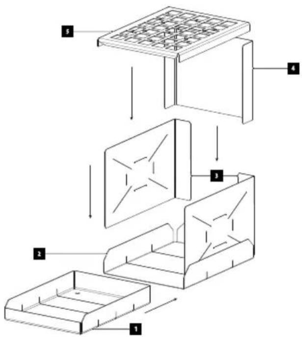 Technical diagram showing a multi-step assembly of a grid-patterned structure with numbered components.