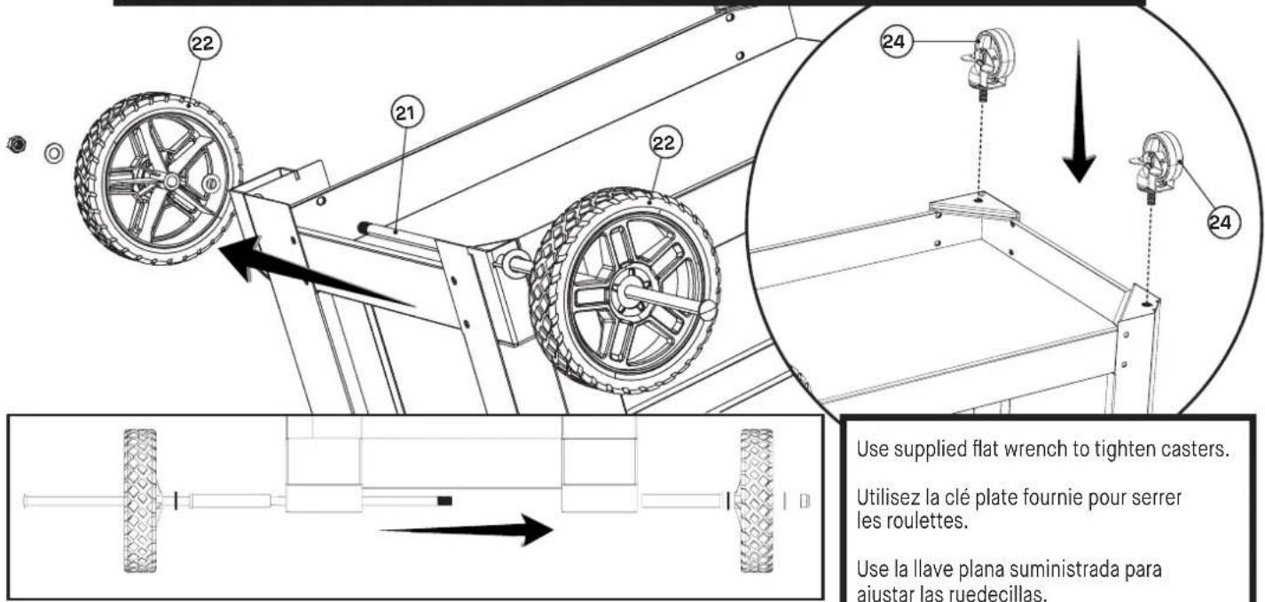 Use supplied flat wrench to tighten casters. Utilisez la clé plate fournie pour serrer les roulettes. Use la llave plana suministrada para ajustar las ruedecillas.