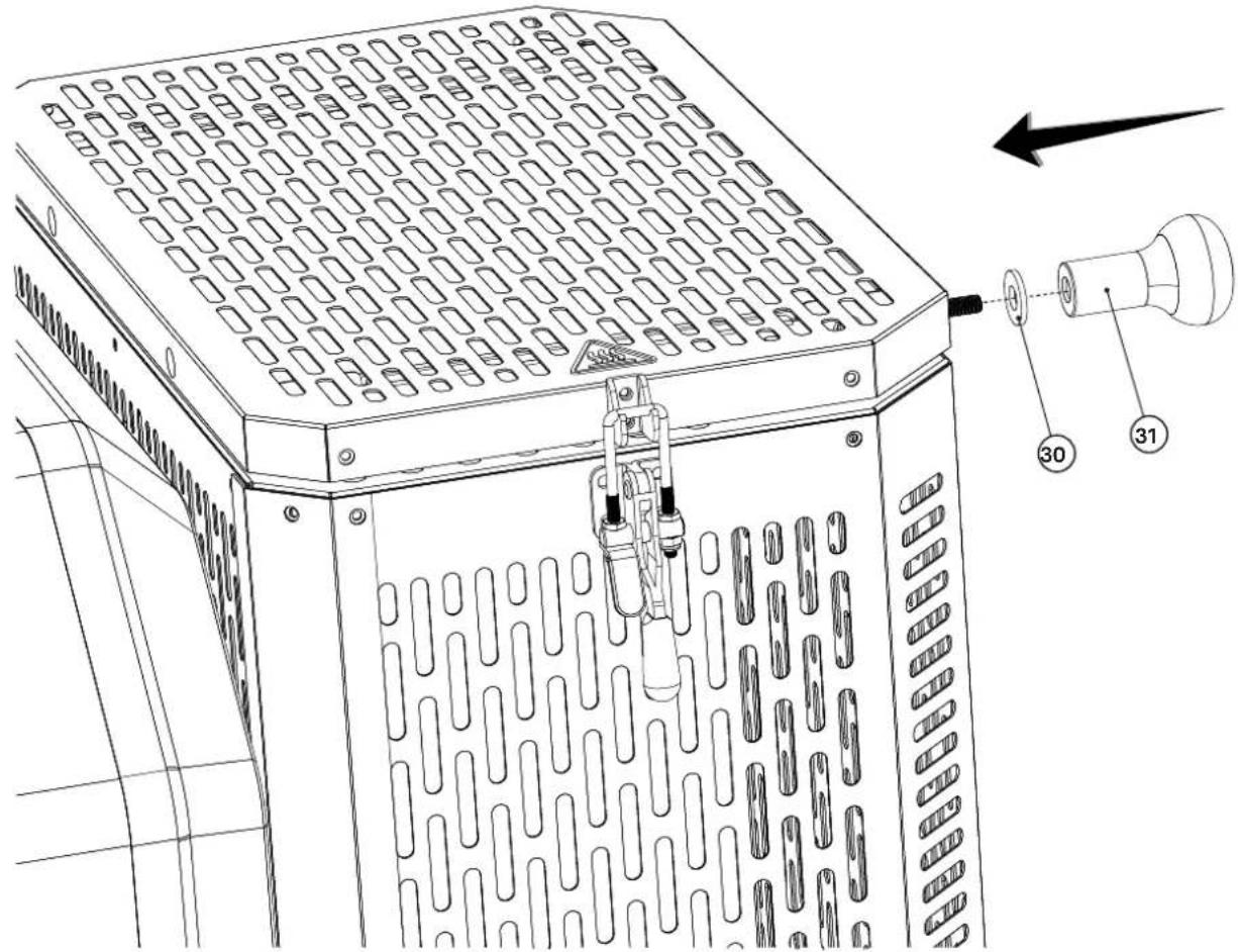 Technical diagram of a server rack with labeled components and directional arrows indicating assembly or installation.