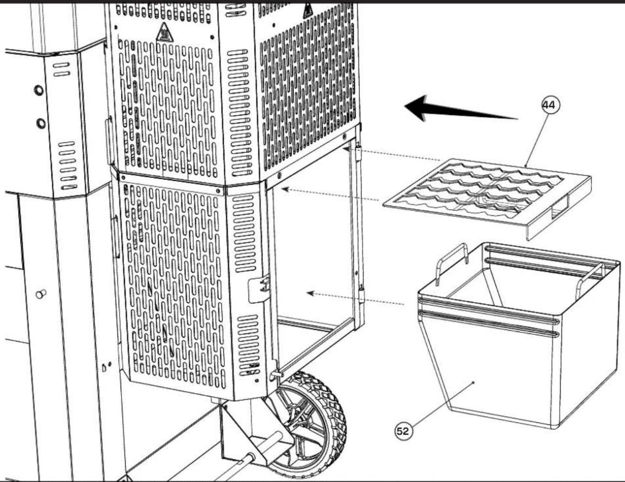 Technical diagram of a mechanical device with labeled parts and directional arrows indicating motion or assembly.
