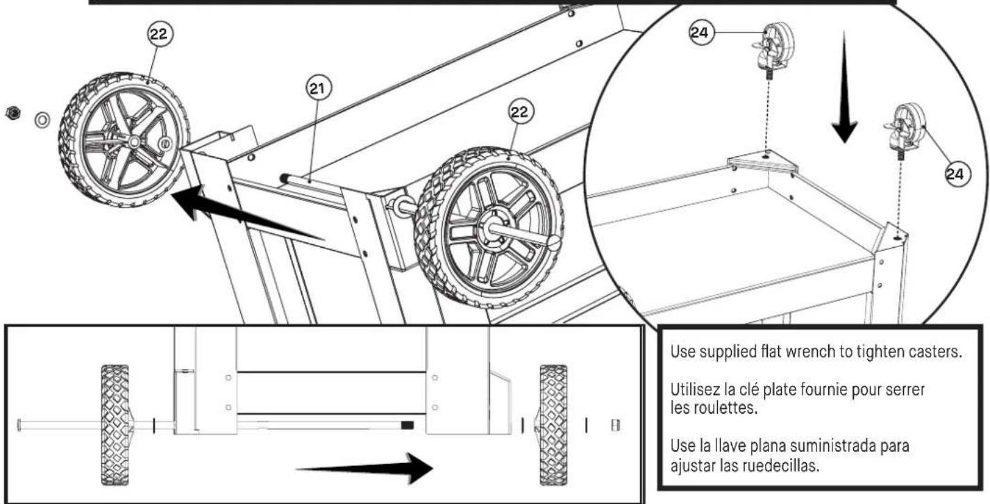 Use supplied flat wrench to tighten casters. Utilisez la clé plate fournie pour serrer les roulettes. Use la llave plana suministrada para ajustar las ruedecillas.