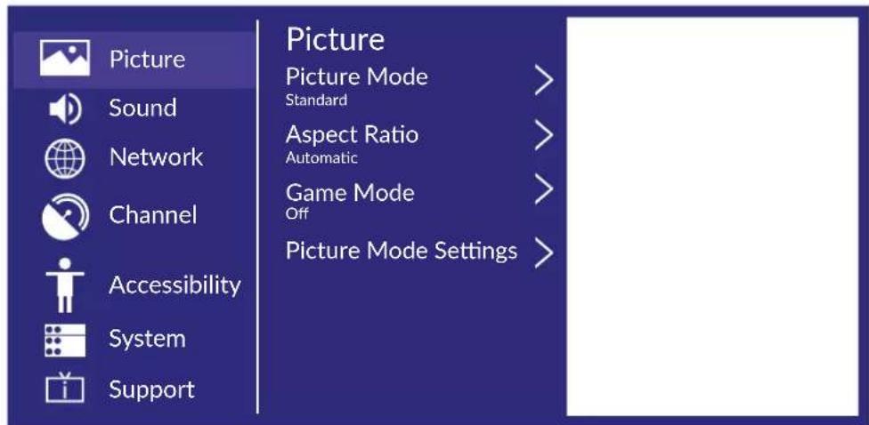 Picture Sound Network Channel Accessibility System Support Picture Picture Mode > Standard Aspect Ratio > Automatic Game Mode > Off Picture Mode Settings >