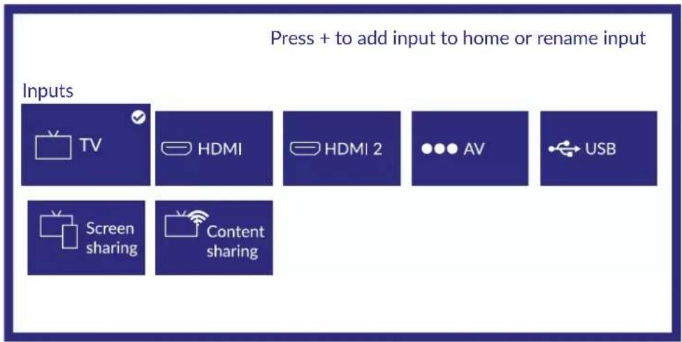Press + to add input to home or rename input Inputs TV HDMI HDMI 2 AV USB Screen sharing Content sharing